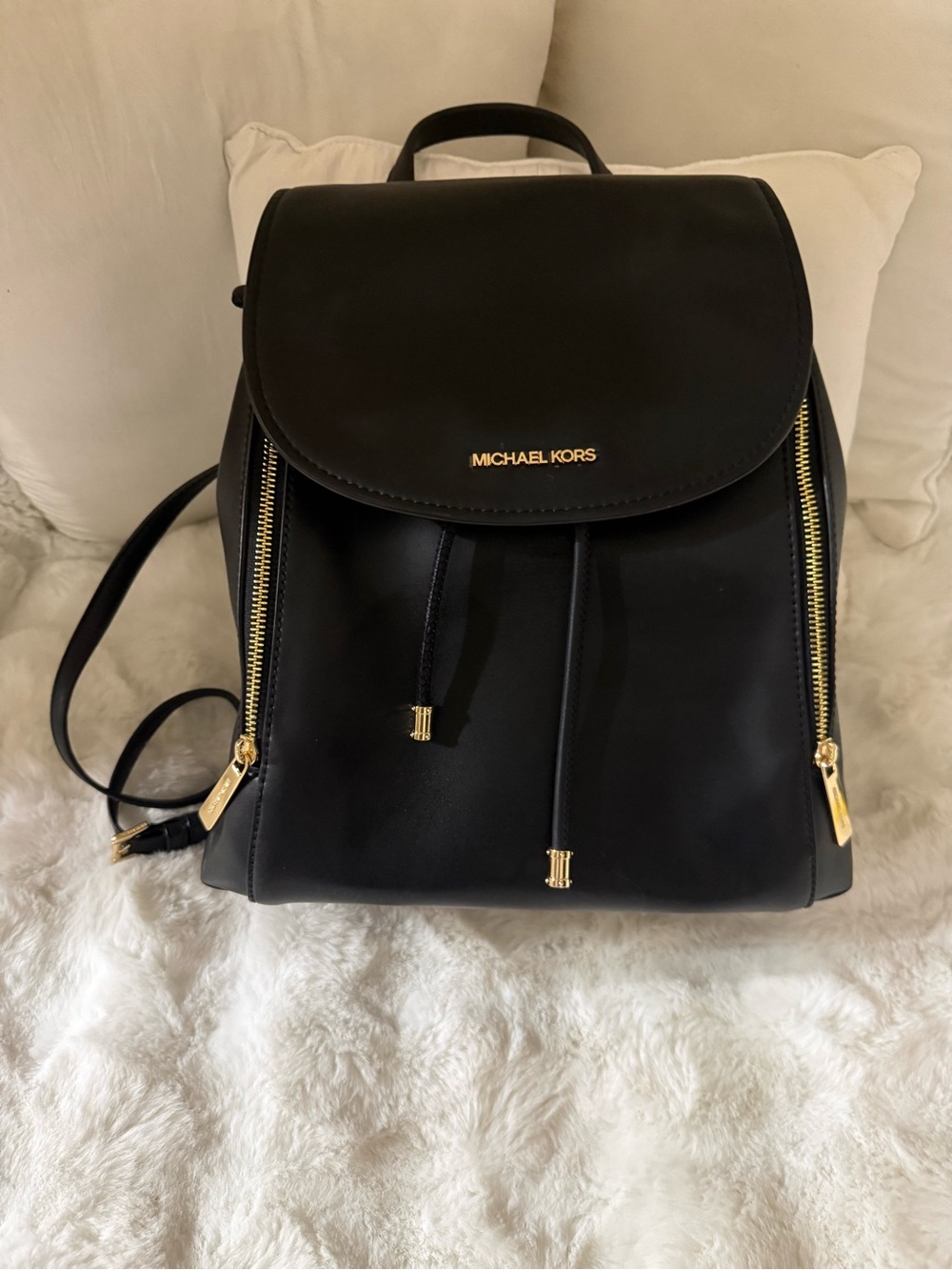MICHAEL KORS Black Leather Backpack with Gold-Tone Zippers - Picture 2 of 7
